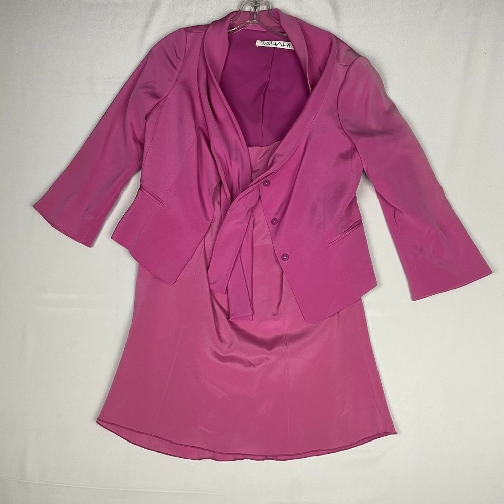 Tahari 2-Piece 3 Button Jacket & Strap Mini Dress Silk Pink Sheer Size 8